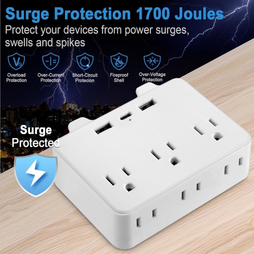 SB Outlet Extender Surge Protector - with 6 AC Multi Plug Outlet and 3 USB Ports, 2-Sided Power Strip with Top Phone Holder Spaced Splitter for Home,