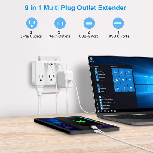 SB Outlet Extender Surge Protector - with 6 AC Multi Plug Outlet and 3 USB Ports, 2-Sided Power Strip with Top Phone Holder Spaced Splitter for Home,