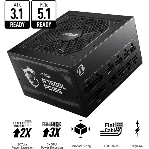 MSI MAG A750GL PCIE 5 Gaming Power Supply - Full Modular - 80 Plus Gold Certified 750W - Compact Size - ATX PSU