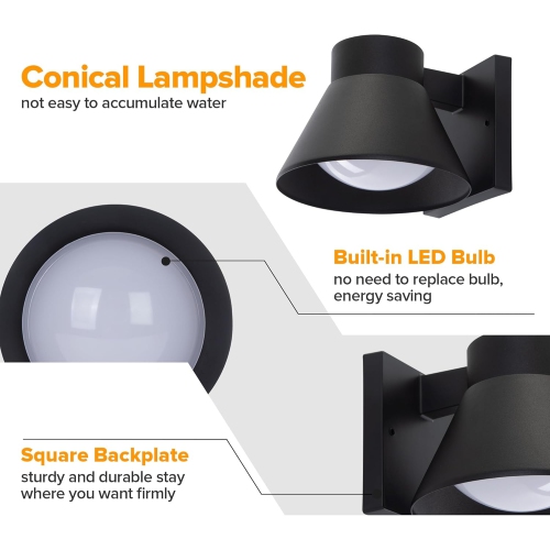 Ensemble de 2 luminaires muraux extérieurs LED, éclairage mural noir pour véranda avant, applique murale extérieure étanche pour terrasse, applique