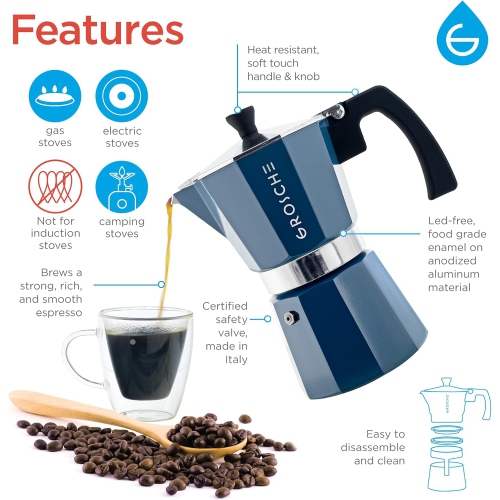 Milano Stovetop Espresso Maker Moka Pot 6 Espresso Cup - 9.3 oz, Blue - Expresso Coffee Maker Stove top Coffee Maker Moka Italian Espresso greca