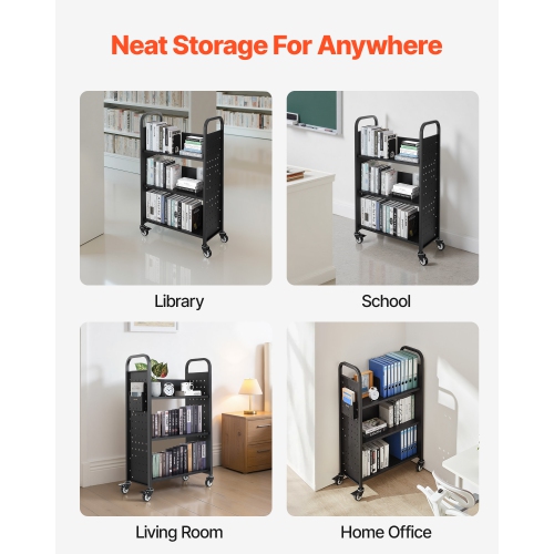 Chariot à livres à roulettes pour bibliothèque VEVOR 330&nbsp;lb, chariot de bibliothèque 30,3 x 15 x 48,0&nbsp;po, tablettes en L à un côté avec