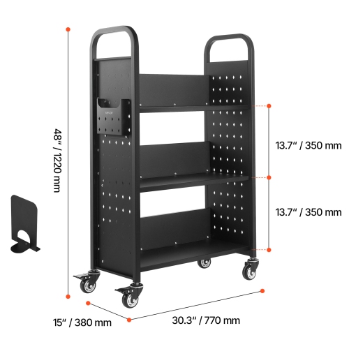 Chariot à livres à roulettes pour bibliothèque VEVOR 330&nbsp;lb, chariot de bibliothèque 30,3 x 15 x 48,0&nbsp;po, tablettes en L à un côté avec