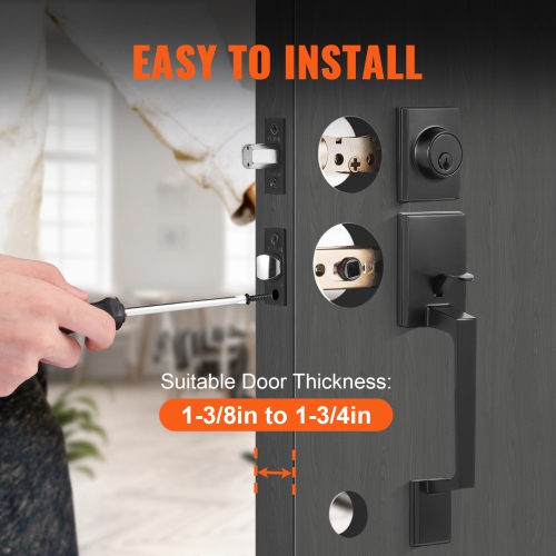 VEVOR Front Door Handle and Deadbolt Set, Square Entry Handle Set with Lever, Single Cylinder, Adjustable Hole Space, Reversible for Right and Left