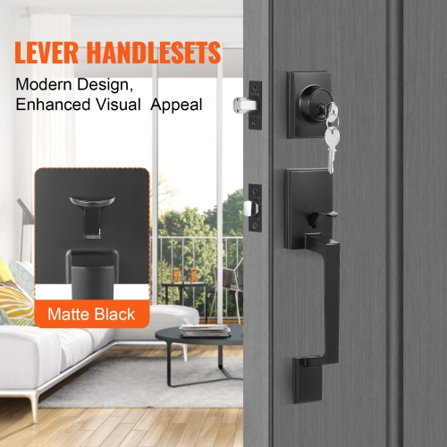 VEVOR Front Door Handle and Deadbolt Set, Square Entry Handle Set with Lever, Single Cylinder, Adjustable Hole Space, Reversible for Right and Left