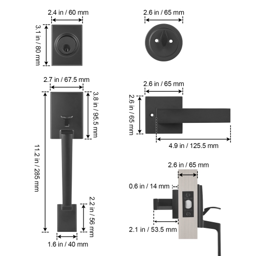 VEVOR Front Door Handle and Deadbolt Set, Square Entry Handle Set with Lever, Single Cylinder, Adjustable Hole Space, Reversible for Right and Left