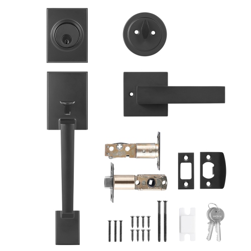 VEVOR Front Door Handle and Deadbolt Set, Square Entry Handle Set with Lever, Single Cylinder, Adjustable Hole Space, Reversible for Right and Left