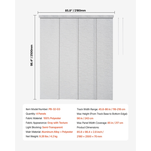 VEVOR 45.8 in to 86 in W Panel Track Blinds, Trimmable Panel Curtains Up to 96 in H, Adjustable Vertical Panel Blinds for Sliding Doors, Patio Doors,