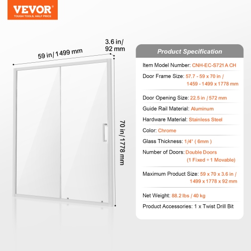VEVOR 57.7-59 W x 70 H in Semi-frameless Shower Door, Shower Sliding Glass Door with 1/4 in(6mm) Clear Tempered Glass, Waterproof Shatterproof NANO