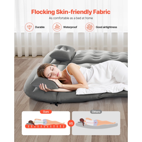 VEVOR Car Air Mattress, Inflatable Car Camping Mattress, Flocking Thickened Travel Beds, Comfortable and Durable Portable Sleeping Pad with Air Pump,