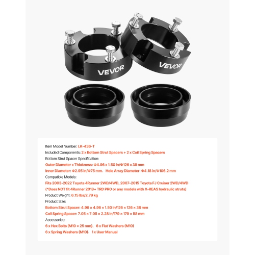VEVOR 3 Inch Front and 2 Inch Rear Leveling Lift Kit for 2003-2022 Toyota 4Runner 2WD/4WD, 2007-2015 Toyota FJ Cruiser 2WD/4WD,with 2 Bottom Strut