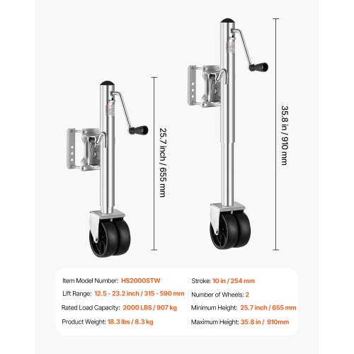 VEVOR 2000 lbs Load Trailer Jack with Wheel, Heavy Duty Swivel Boat Trailer Jack with PP Single Wheel & Ergonomic Handle, 12-inch Lift, Fit for RVs,