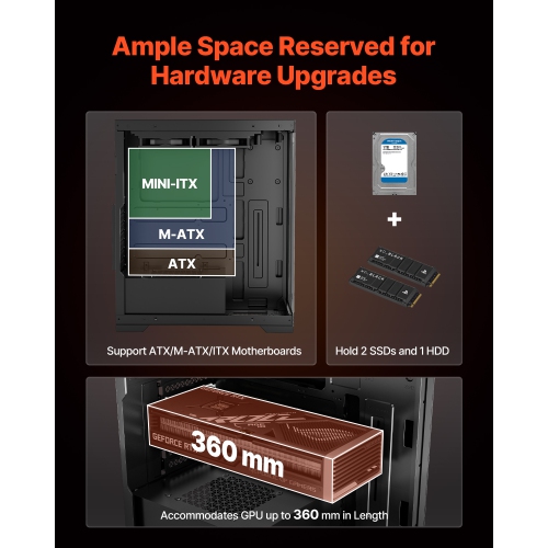 VEVOR PC Gaming Case, Mid-Tower, Computer Case with High-Airflow Tempered Glass Panel, Dust Filter, 2 x 120 mm Fans, for GPU up to 360 mm in Length,