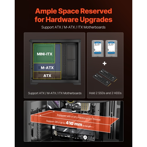 VEVOR Mid-Tower PC Case, Dual Chamber, Gaming Computer Case with Tempered Glass Panels, Magnetic Dust Filter, for GPU up to 410 mm in Length,