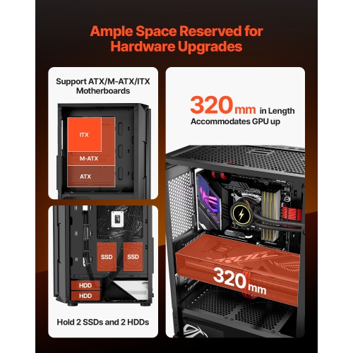 VEVOR PC Gaming Case, Mid-Tower, Computer Case with High-Airflow Tempered Glass Panel, Dust Filter, 4 x 120 mm ARGB Fans, for GPU up to 320 mm in