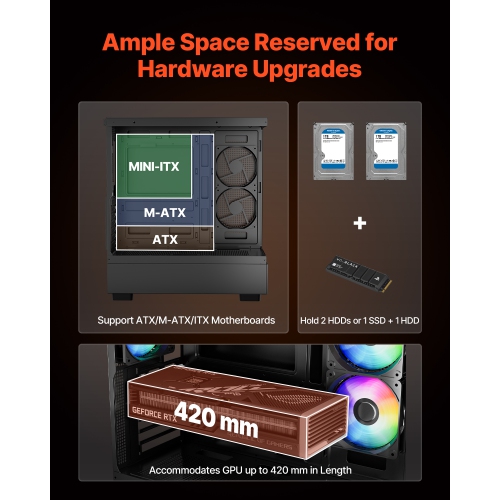 VEVOR PC Gaming Case, Mid-Tower, Computer Case with High-Airflow Tempered Glass Panel, Dust Filter, 6 x 120 mm PWM ARGB Fans, for GPU up to 410 mm in