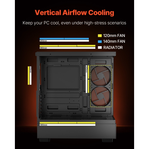 VEVOR PC Gaming Case, Mid-Tower, Computer Case with High-Airflow Tempered Glass Panel, Dust Filter, 6 x 120 mm PWM ARGB Fans, for GPU up to 410 mm in