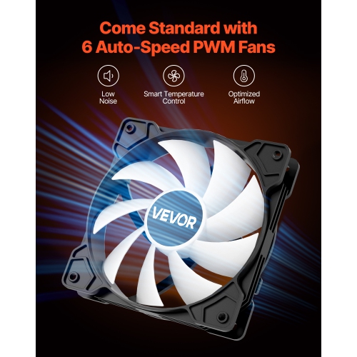 VEVOR PC Gaming Case, Mid-Tower, Computer Case with High-Airflow Tempered Glass Panel, Dust Filter, 6 x 120 mm PWM ARGB Fans, for GPU up to 410 mm in