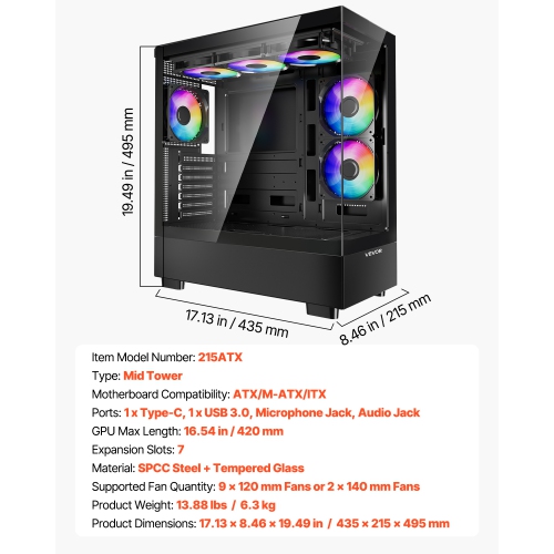 VEVOR PC Gaming Case, Mid-Tower, Computer Case with High-Airflow Tempered Glass Panel, Dust Filter, 6 x 120 mm PWM ARGB Fans, for GPU up to 410 mm in