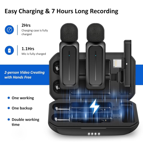 2 Pcs Wireless Lavalier Microphone for iPhone Android with Charging Case 7H Clip on Lapel Microphone Wireless for Video Recording Vlogging, YouTube