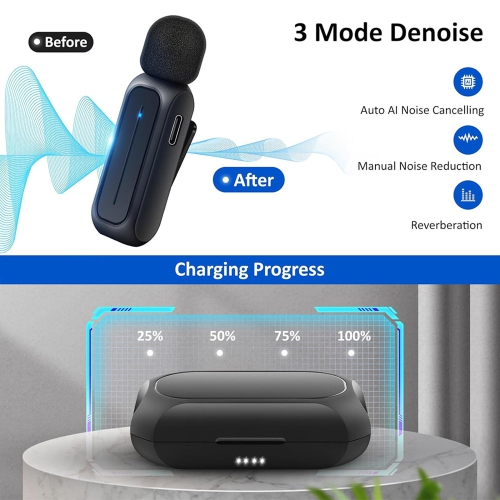 2 Pcs Wireless Lavalier Microphone for iPhone Android with Charging Case 7H Clip on Lapel Microphone Wireless for Video Recording Vlogging, YouTube