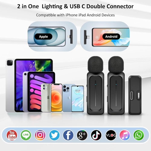 2 Pcs Wireless Lavalier Microphone for iPhone Android with Charging Case 7H Clip on Lapel Microphone Wireless for Video Recording Vlogging, YouTube
