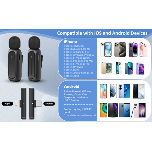 2 Pcs Wireless Lavalier Microphone for iPhone Android with Charging Case 7H Clip on Lapel Microphone Wireless for Video Recording Vlogging, YouTube