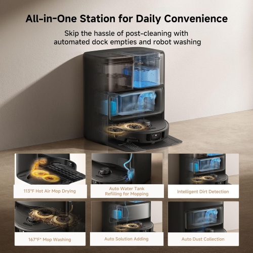 Aspirateur robot à vadrouille amovible et relevable P50 Pro Ultra de MoVA, anti-enchevêtrement, séchage et nettoyage automatique, vidage automatique