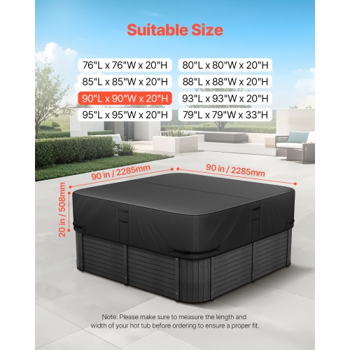 VEVOR 90 x 90 x 20 Inch Outdoor Hot Tub Cover, Weatherproof and Waterproof Hot Tub Cover Protector, 600D Heavy Duty Oxford Fabric and 950N Tearing