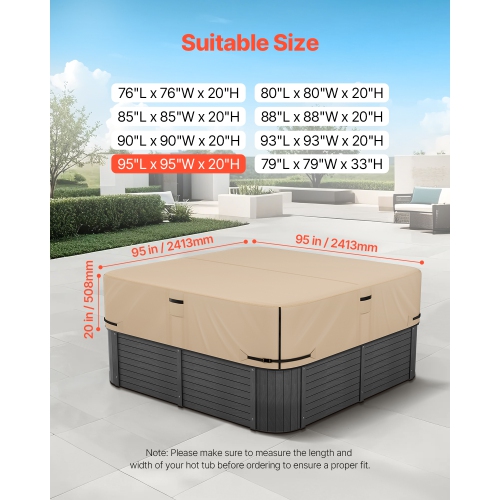 VEVOR 95 x 95 x 20 Inch Outdoor Hot Tub Cover, Weatherproof and Waterproof Hot Tub Cover Protector, 600D Heavy Duty Oxford Fabric and 950N Tearing