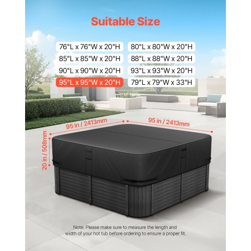 VEVOR 95 x 95 x 20 Inch Outdoor Hot Tub Cover, Weatherproof and Waterproof Hot Tub Cover Protector, 600D Heavy Duty Oxford Fabric and 950N Tearing