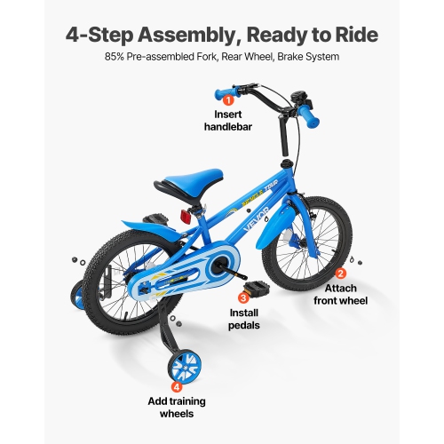 VEVOR 14 Inches Kids Bike, BMX Style Children Bicycle, Rider Height 2.95 ft - 3.77 ft, Training Wheels Included, Sturdy and Easy to Assemble, Toddler