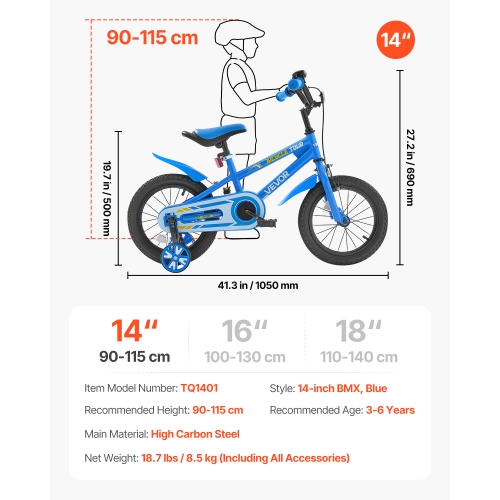 VEVOR 14 Inches Kids Bike, BMX Style Children Bicycle, Rider Height 2.95 ft - 3.77 ft, Training Wheels Included, Sturdy and Easy to Assemble, Toddler