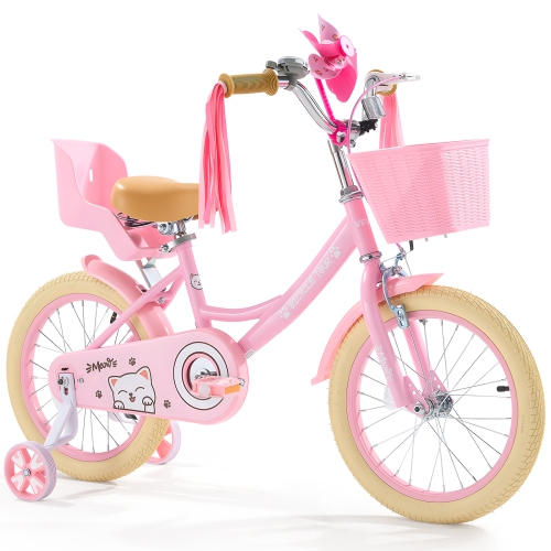VEVOR 16 Inches Kids Bike, Princess Style Children Bicycle with Streamers & Basket, Rider Height 3.28 ft - 4.27 ft, Doll Seat & Training Wheels