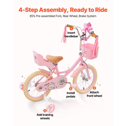 VEVOR 16 Inches Kids Bike, Princess Style Children Bicycle with Streamers & Basket, Rider Height 3.28 ft - 4.27 ft, Doll Seat & Training Wheels