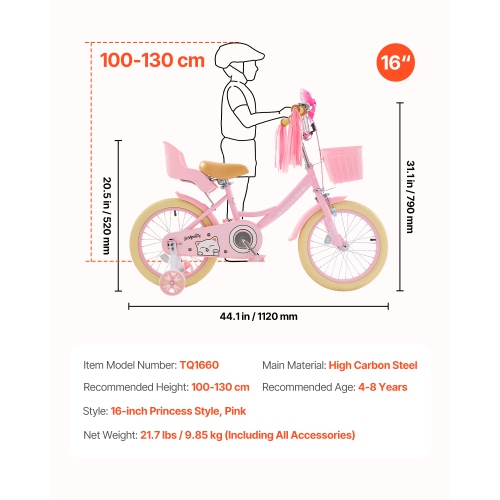 VEVOR 16 Inches Kids Bike, Princess Style Children Bicycle with Streamers & Basket, Rider Height 3.28 ft - 4.27 ft, Doll Seat & Training Wheels