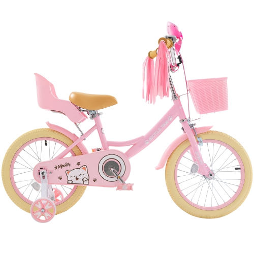 VEVOR 16 Inches Kids Bike, Princess Style Children Bicycle with Streamers & Basket, Rider Height 3.28 ft - 4.27 ft, Doll Seat & Training Wheels