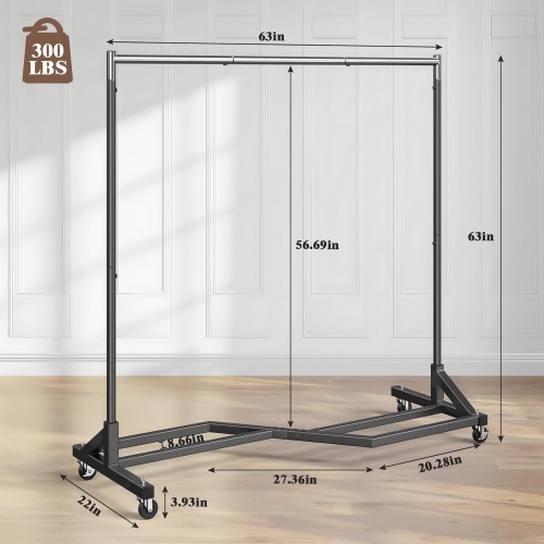 Mr IRONSTONE Clothing Rack, 63 Inches Heavy Duty Garment Rack on Wheels, Commercial Grade Clothes Rack with X Base, Rolling Clothes Racks for Hanging