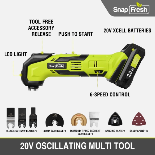 SnapFresh 20V Cordless Oscillating Multi Tool Kit with 6 Speed Settings 24 Accessories 2.0Ah Battery and Charger Included