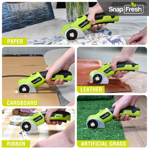 SnapFresh 4V Electric Cardboard Cutter Cordless Rotary Scissors with LED Light 2.0Ah Battery Self Sharpening Blade for Carpet Leather and Plastic