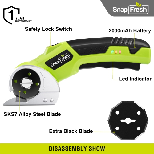 SnapFresh 4V Electric Cardboard Cutter Cordless Rotary Scissors with LED Light 2.0Ah Battery Self Sharpening Blade for Carpet Leather and Plastic