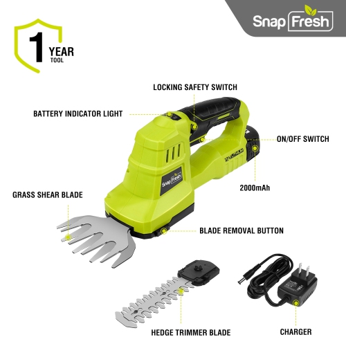 SnapFresh 12V 2 in 1 Cordless Grass Shears and Hedge Trimmer with Battery and Charger Included