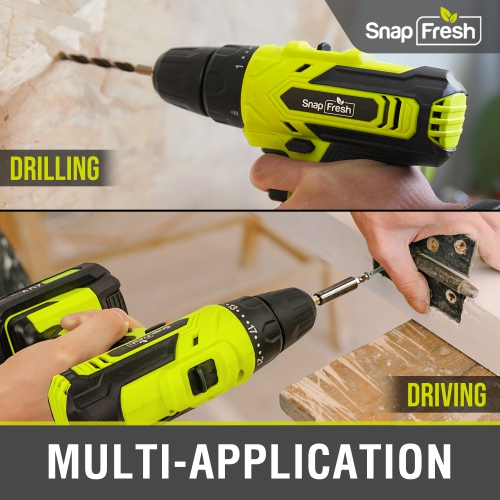 SnapFresh 20V Cordless Drill Set 3/8 Inch Power Drill with 2 Speeds 21+1 Torque LED 43 Piece Bit Kit 2.0Ah Battery and Fast Charger Included