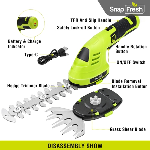 SnapFresh 8V Cordless 2 in 1 Grass Shear and Hedge Trimmer with Rotating Head and Battery for Garden and Lawn