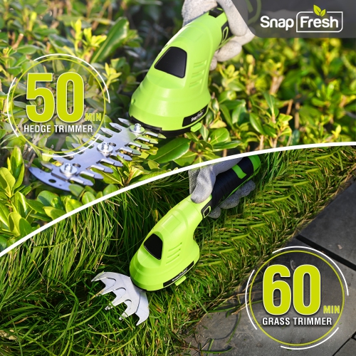 SnapFresh 8V Cordless 2 in 1 Grass Shear and Hedge Trimmer with Rotating Head and Battery for Garden and Lawn