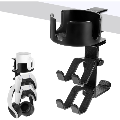Desk Mount Cup Holder And 360 Degree Rotating Headphone Stand With Handle Dual Gamepad Headset Stand Gaming Desk Accessories