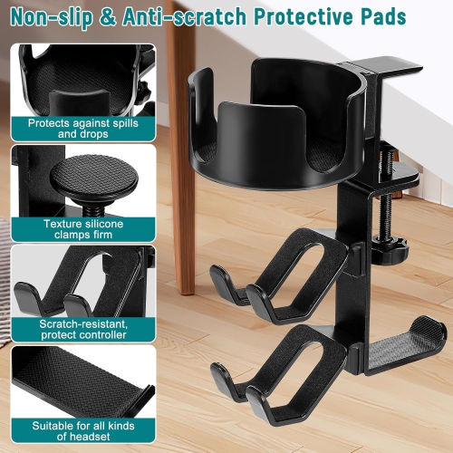 Desk Mount Cup Holder And 360 Degree Rotating Headphone Stand With Handle Dual Gamepad Headset Stand Gaming Desk Accessories