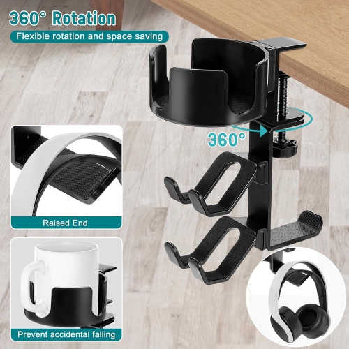 Desk Mount Cup Holder And 360 Degree Rotating Headphone Stand With Handle Dual Gamepad Headset Stand Gaming Desk Accessories