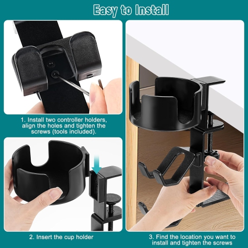 Desk Mount Cup Holder And 360 Degree Rotating Headphone Stand With Handle Dual Gamepad Headset Stand Gaming Desk Accessories