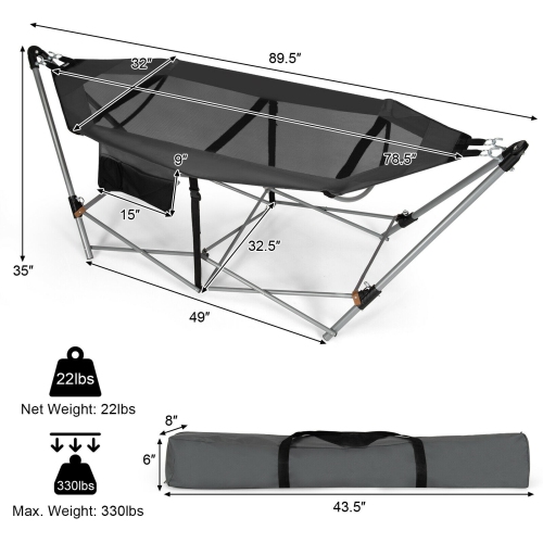 Hamac pliable intérieur extérieur avec pochette latérale et support pour fer